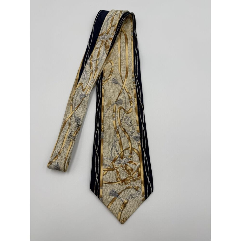 Vintage ROBERTA DI CAMERINO Italy Silk Tie Equestrian Gold Chain Strap Navy
